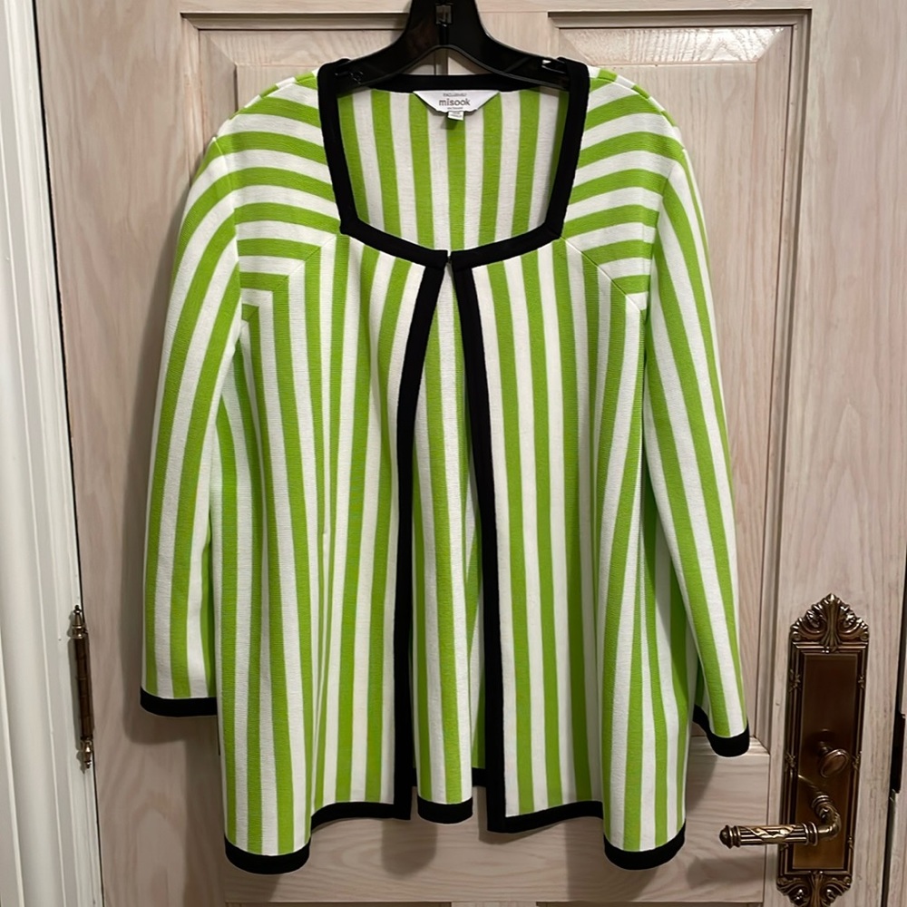 Misook Knit Jacket 3/4 length sleeve. White & lime green striped black detail 0X